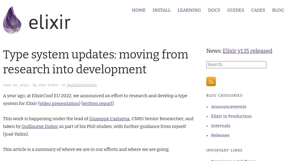 Screenshot of elixir-lang.org: Type system updates: moving from research into development