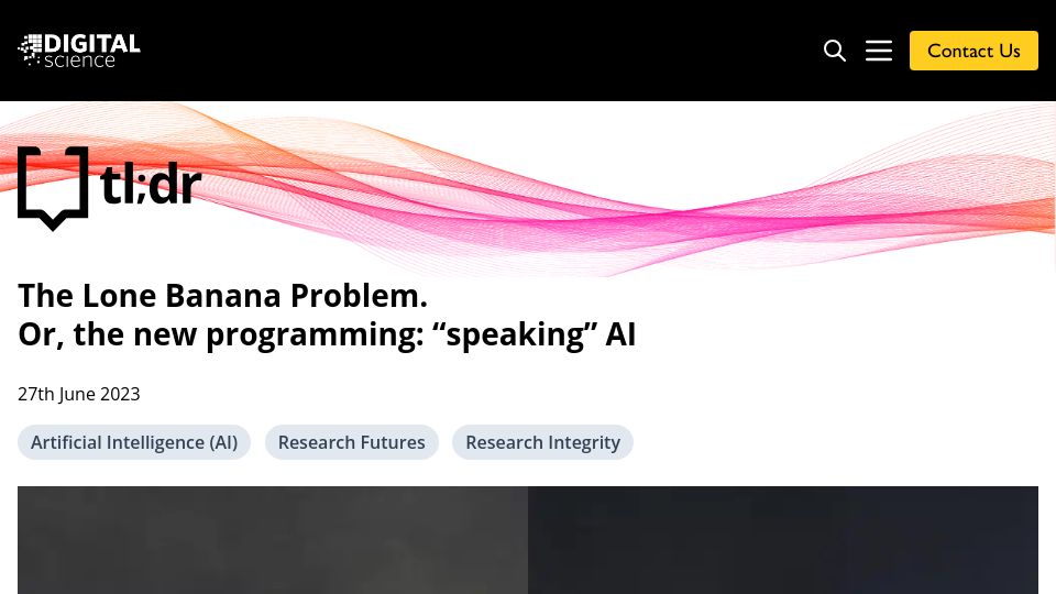 Screenshot of digital-science.com: The Lone Banana Problem in AI