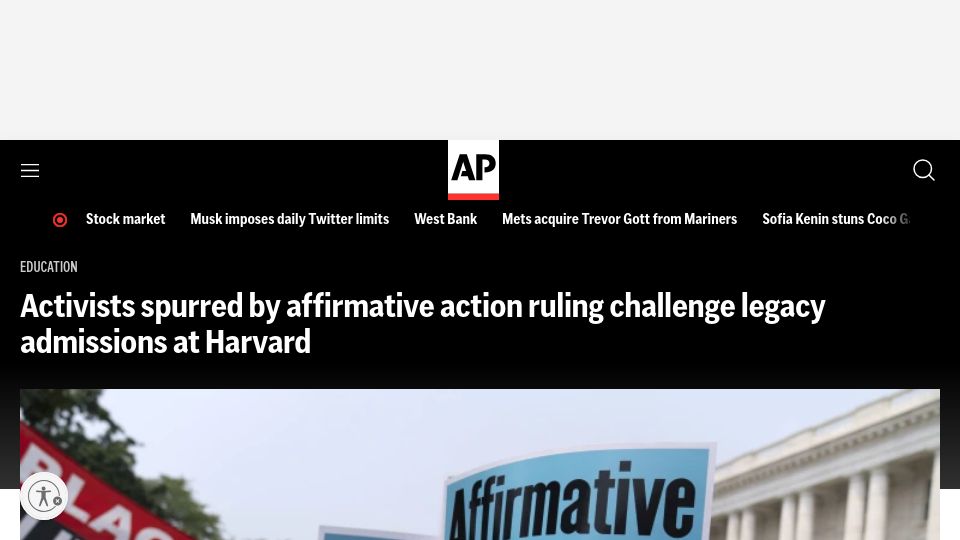Screenshot of apnews.com: A civil rights group is challenging legacy admissions at Harvard University