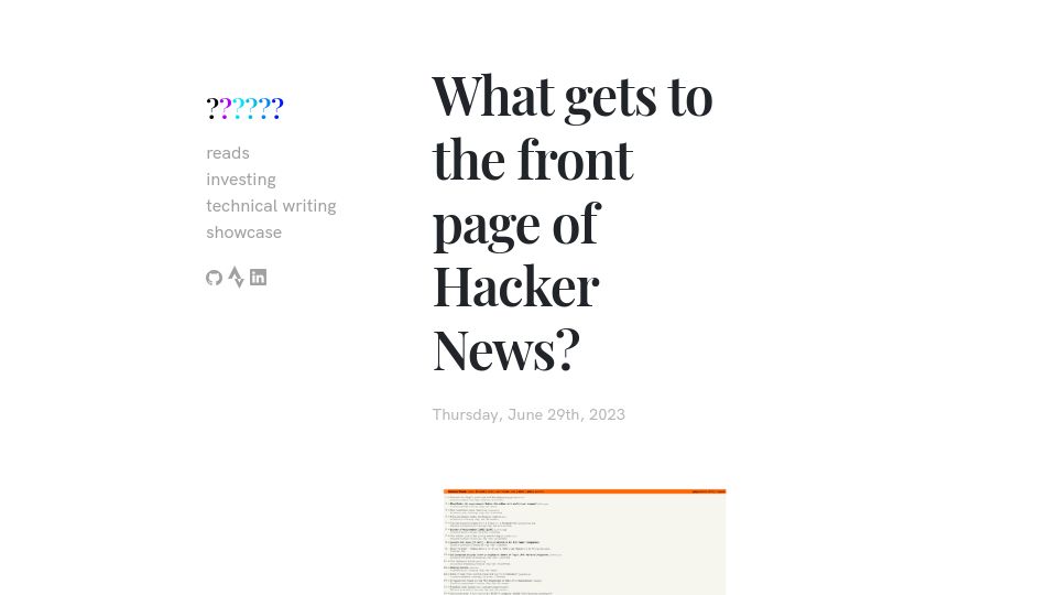 Screenshot of randomshit.dev: What gets to the front page of Hacker News?