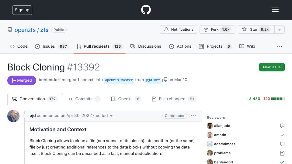 Screenshot of github.com: ZFS 2.2.0 (RC): Block Cloning merged