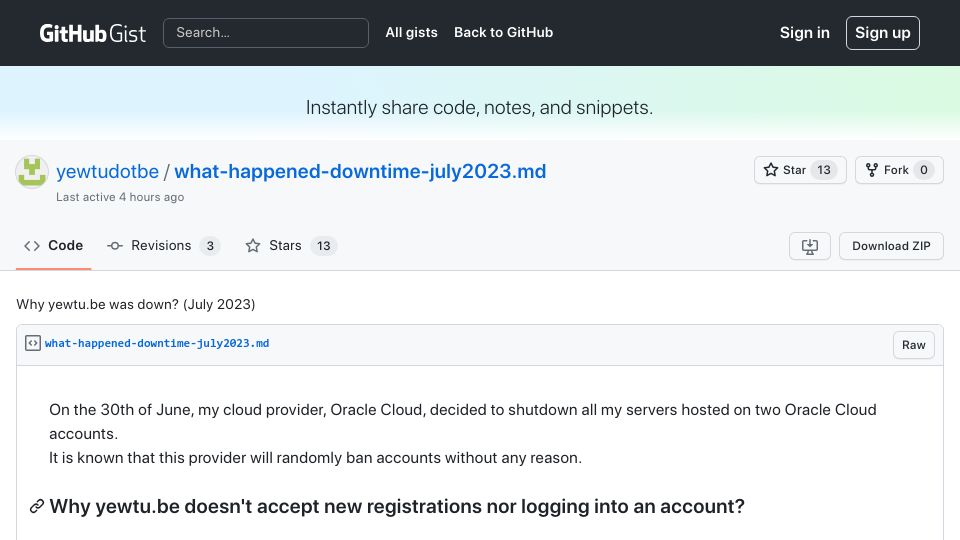 Screenshot of gist.github.com: Why yewtu.be was down: Data loss after being shut down by Oracle Cloud