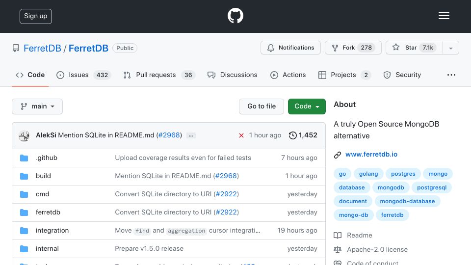 Screenshot of github.com: Show HN: MongoDB Protocol for SQLite