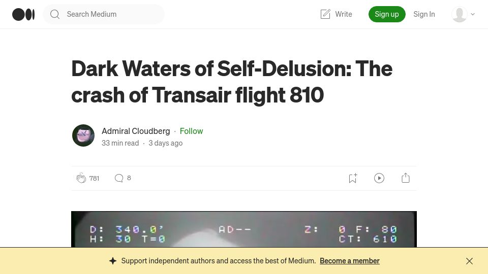 Screenshot of admiralcloudberg.medium.com: Dark Waters of Self-Delusion: The crash of Transair flight 810