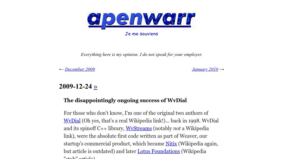 Screenshot of apenwarr.ca: The disappointingly ongoing success of WvDial (2009)