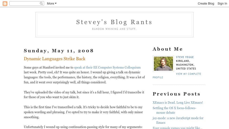 Screenshot of steve-yegge.blogspot.com: Dynamic Languages Strike Back (2008)