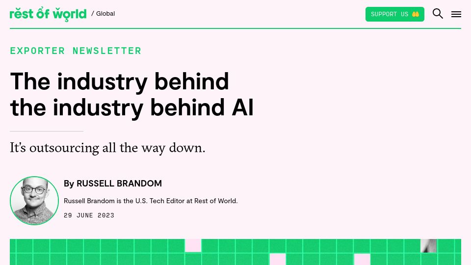 Screenshot of restofworld.org: The industry behind the industry behind AI
