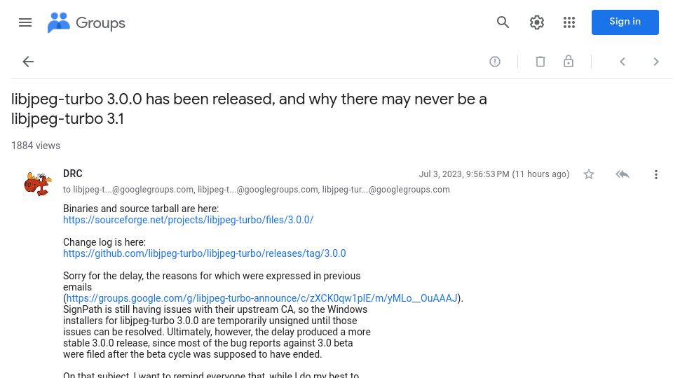 Screenshot of groups.google.com: Why there may never be a libjpeg-turbo 3.1