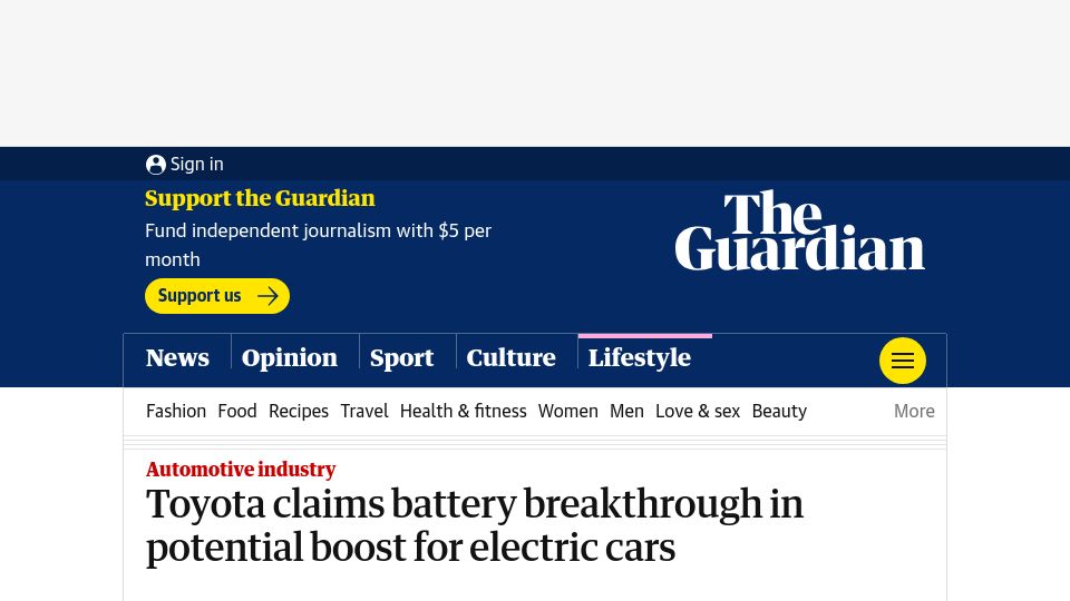 Screenshot of theguardian.com: Toyota claims battery breakthrough in potential boost for electric cars
