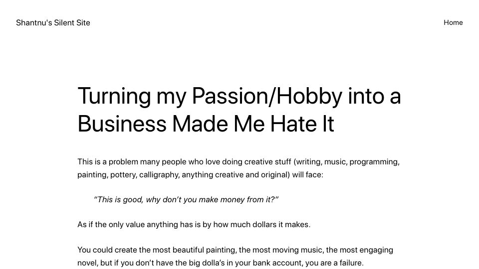 Screenshot of shant.nu: Turning my hobby into a business made me hate it
