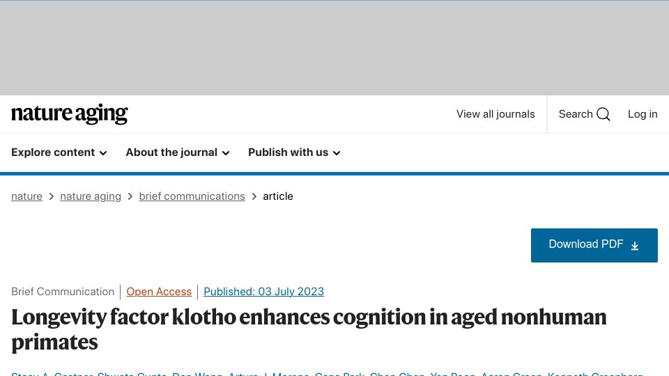 Screenshot of nature.com: Longevity factor klotho enhances cognition in aged nonhuman primates