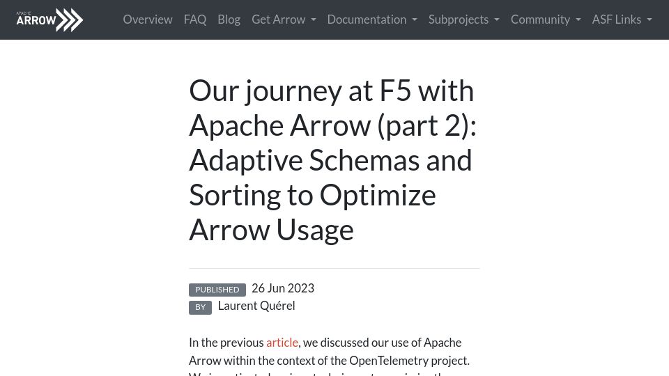 Screenshot of arrow.apache.org: Our Journey with Apache Arrow (Part 2): Adaptive Schemas and Sorting