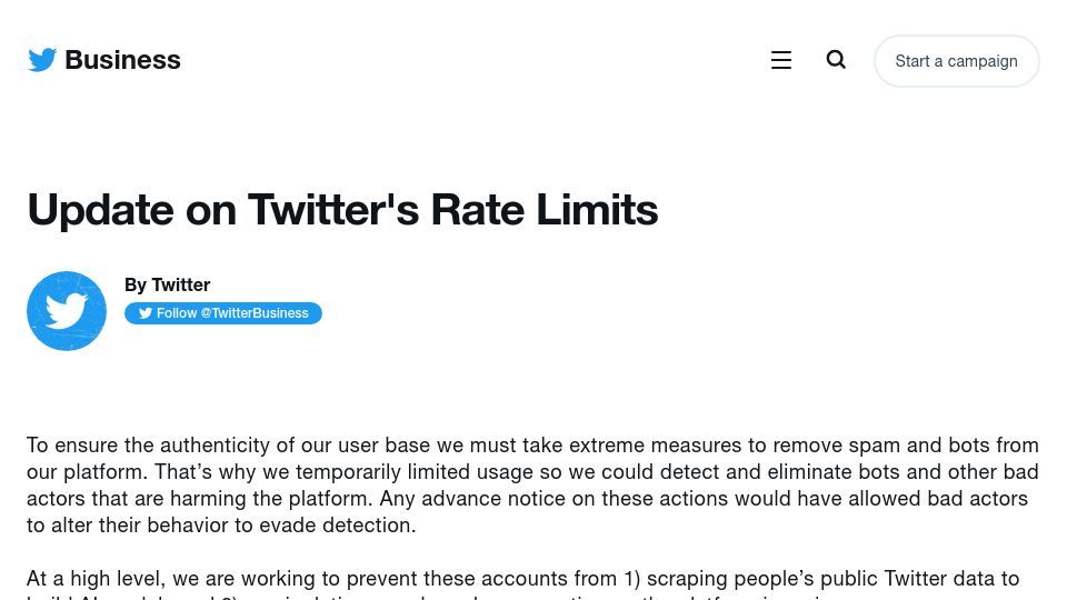 Screenshot of business.twitter.com: Update on Twitter's Rate Limits