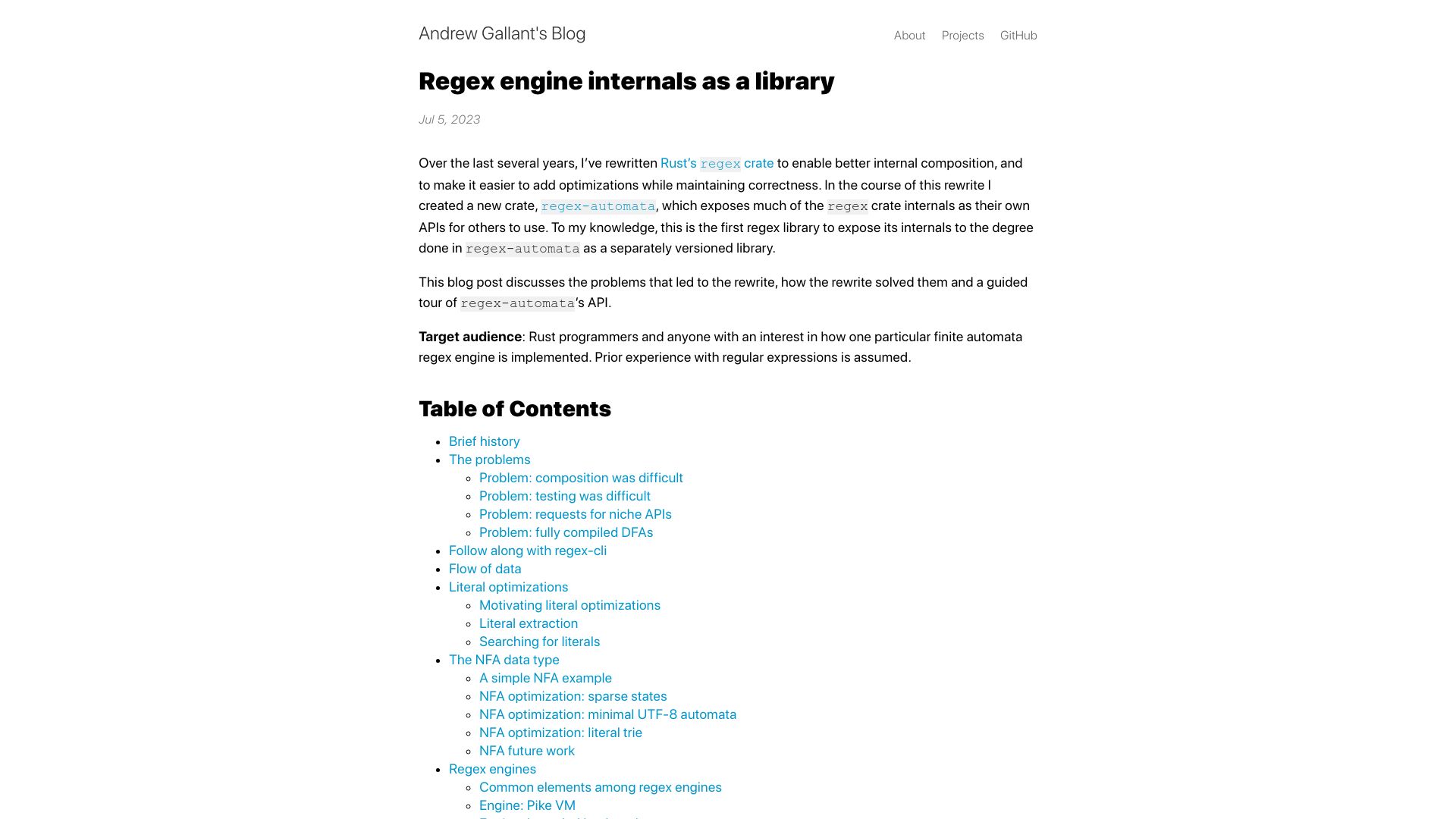 Screenshot of blog.burntsushi.net: Regex engine internals as a library