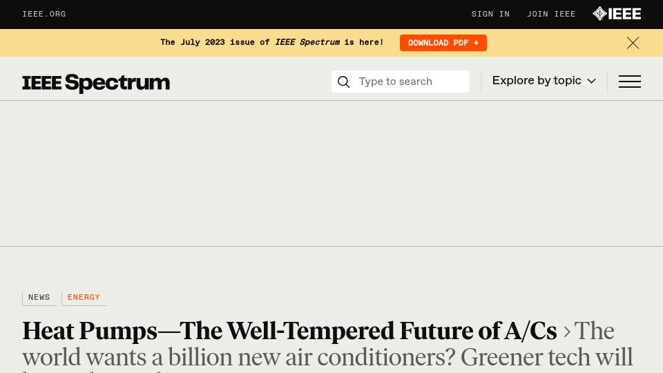 Screenshot of spectrum.ieee.org: Heat Pumps – The Well-Tempered Future of A/Cs