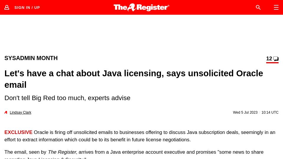 Screenshot of theregister.com: Let's have a chat about Java licensing, says unsolicited Oracle email