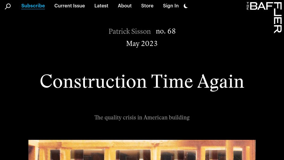 Screenshot of thebaffler.com: Construction Time Again: The quality crisis in American building