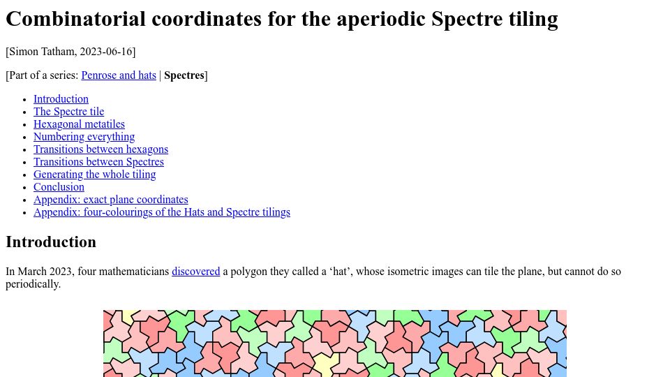 Screenshot of chiark.greenend.org.uk: Combinatorial coordinates for the aperiodic Spectre tiling