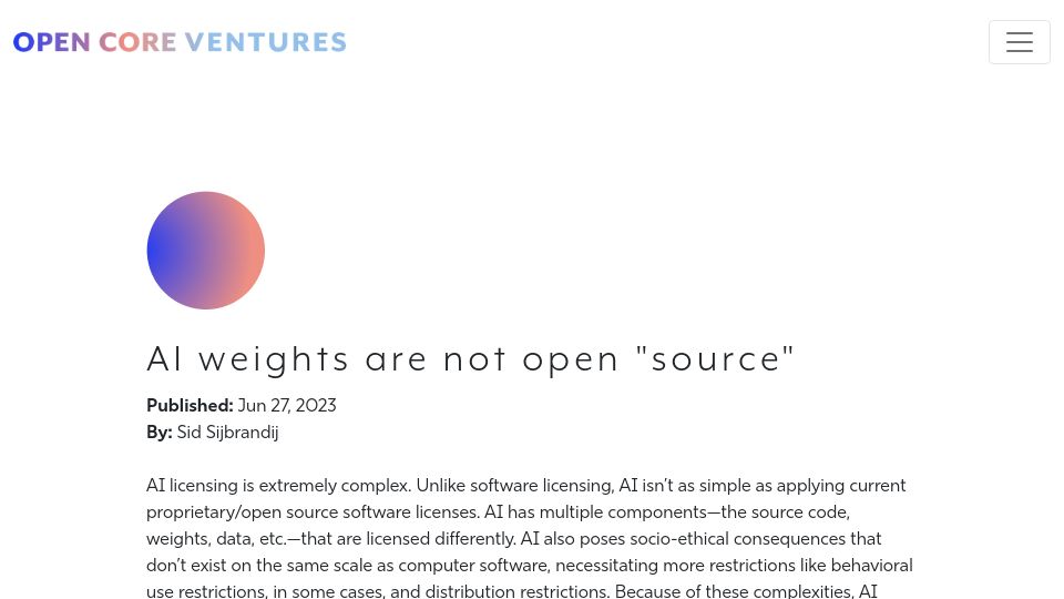 Screenshot of opencoreventures.com: AI weights are not open “source”