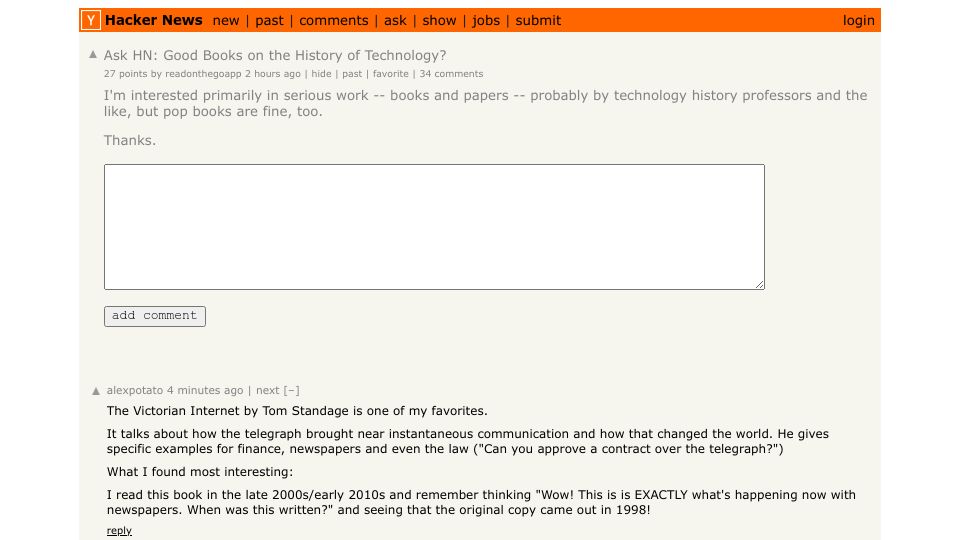 Screenshot of Hacker News post: Ask HN: Good Books on the History of Technology?