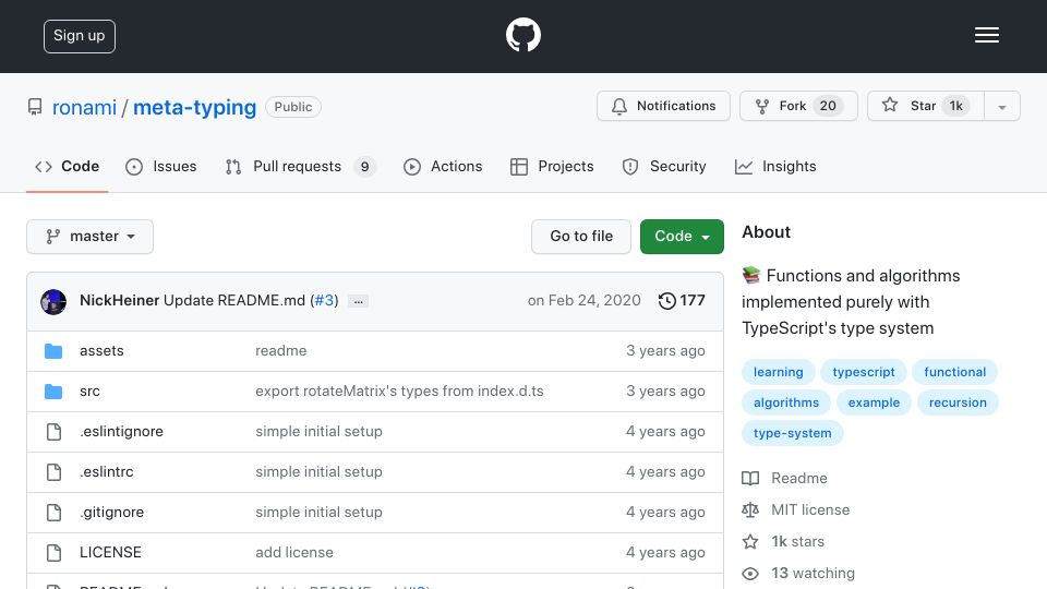 Screenshot of github.com: Functions and algorithms implemented purely with TypeScript's type system
