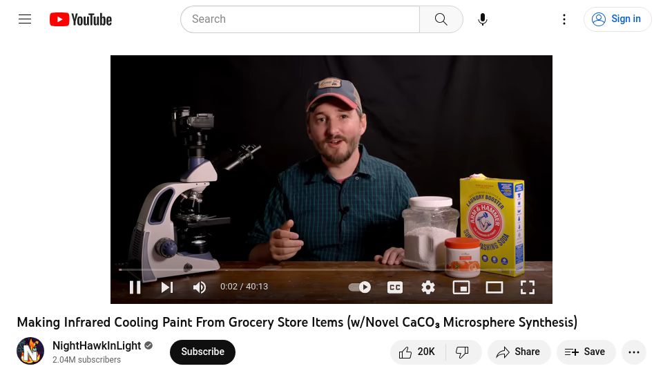 Screenshot of youtube.com: Making infrared cooling paint from grocery store items [video]