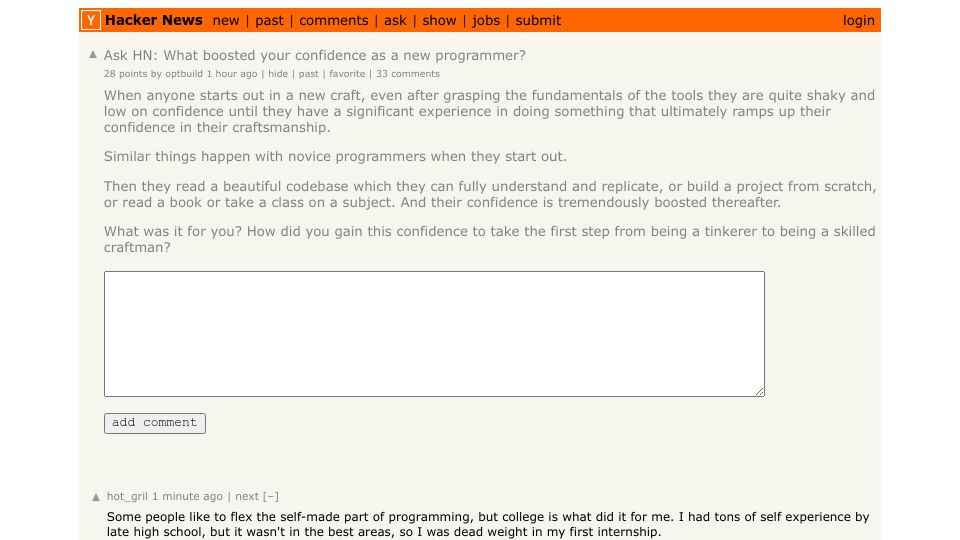 Screenshot of Hacker News post: Ask HN: What boosted your confidence as a new programmer?