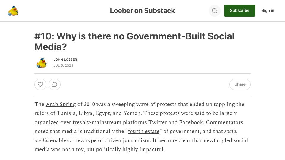 Screenshot of loeber.substack.com: Why is there no government-built social media?