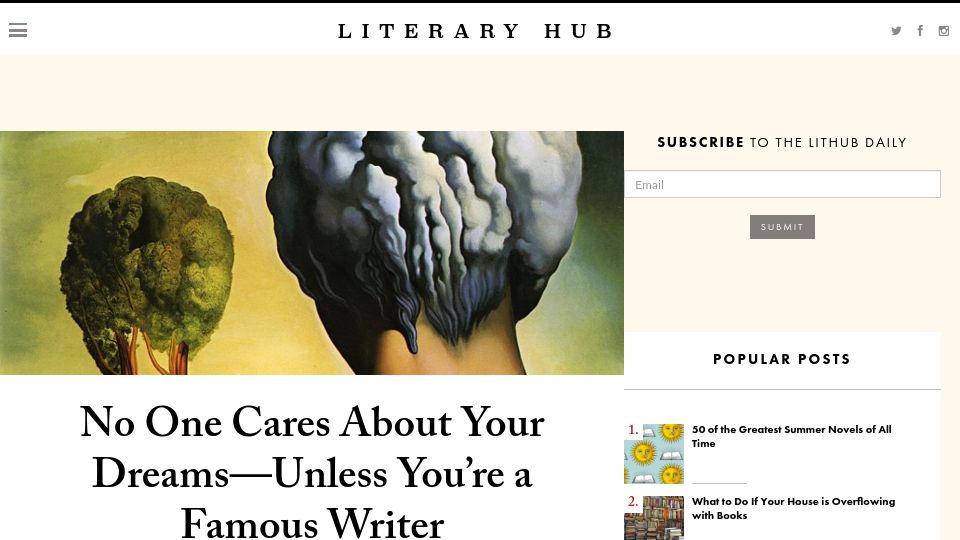 Screenshot of lithub.com: No one cares about your dreams unless you’re a famous writer