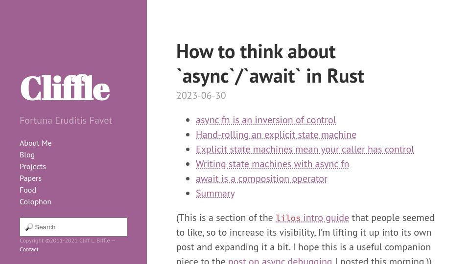 Screenshot of cliffle.com: How to think about async/await in Rust