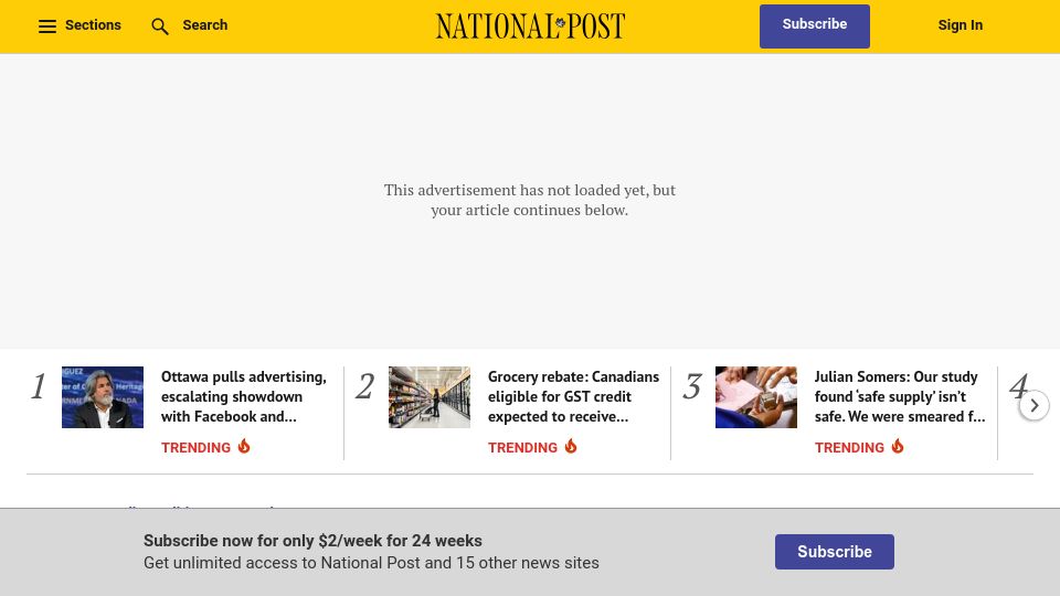 Screenshot of nationalpost.com: Ottawa pulls advertising, escalating showdown with Facebook and Instagram