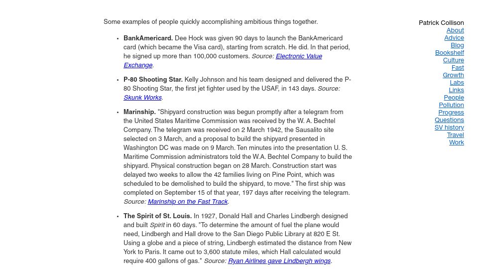 Screenshot of patrickcollison.com: Fast
