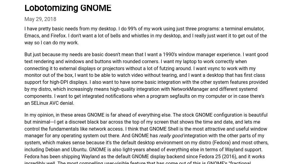 Screenshot of eklitzke.org: Lobotomizing Gnome (2018)