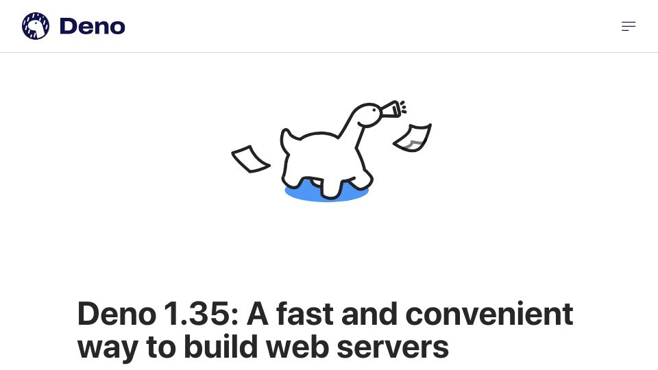 Screenshot of deno.com: Deno 1.35: A fast and convenient way to build web servers