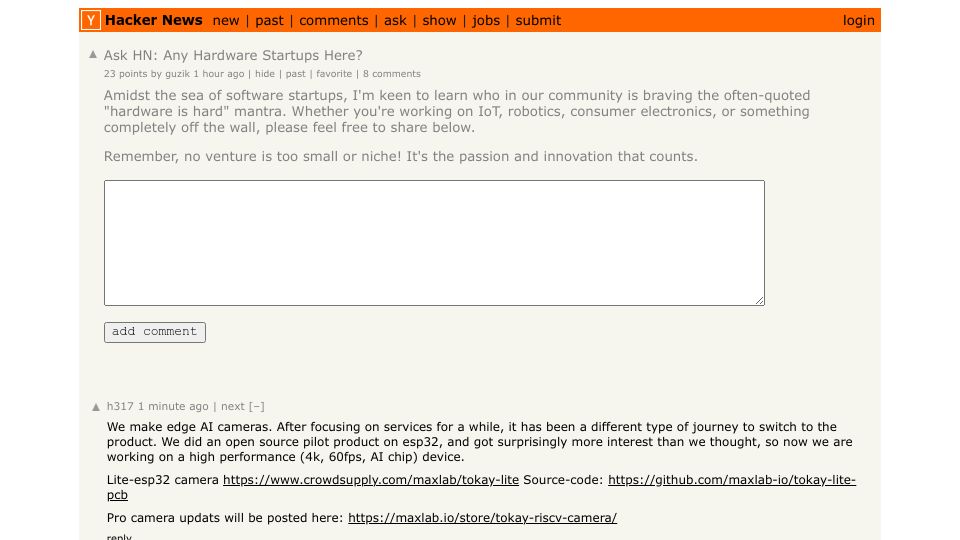 Screenshot of Hacker News post: Ask HN: Any hardware startups here?