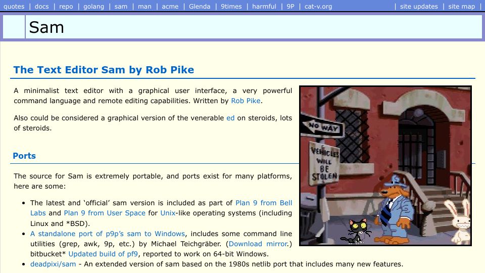 Screenshot of sam.cat-v.org: The Text Editor Sam