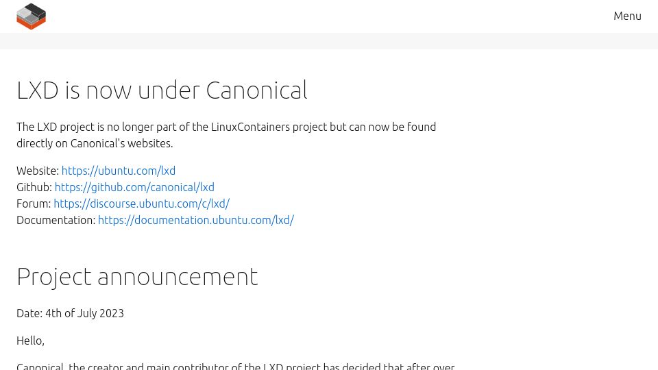 Screenshot of linuxcontainers.org: LXD is now under Canonical