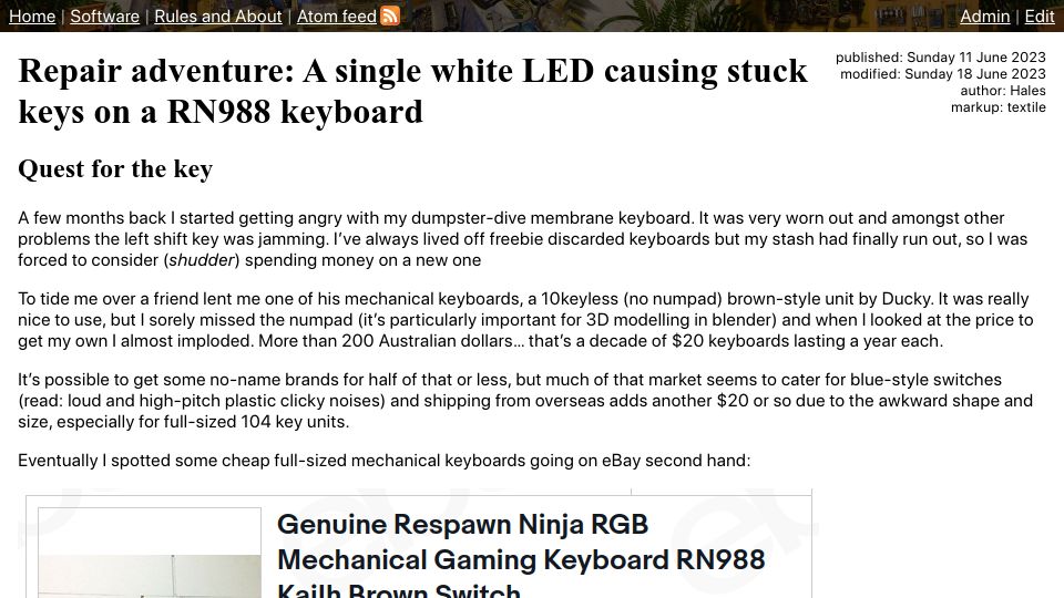 Screenshot of halestrom.net: Repair adventure: A single white LED causing stuck keys on a RN988 keyboard