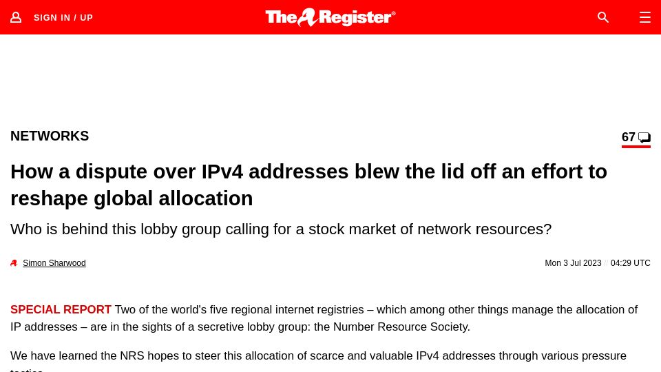 Screenshot of theregister.com: A dispute over IPv4 addresses blew the lid off an effort reshape allocation