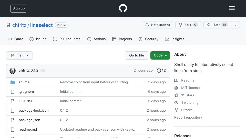 Screenshot of github.com: Show HN: LineSelect, shell utility to interactively select lines in a pipeline