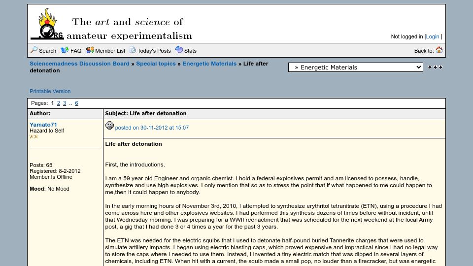 Screenshot of sciencemadness.org: Life after detonation (2012)