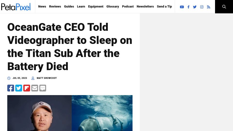 Screenshot of petapixel.com: OceanGate CEO Told Videographer to Sleep on the Titan Sub After the Battery Died