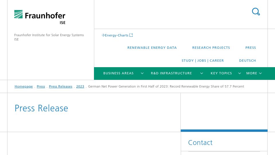 Screenshot of ise.fraunhofer.de: Germany Achieves Record 57.7% Renewable Energy Share for First Half of 2023