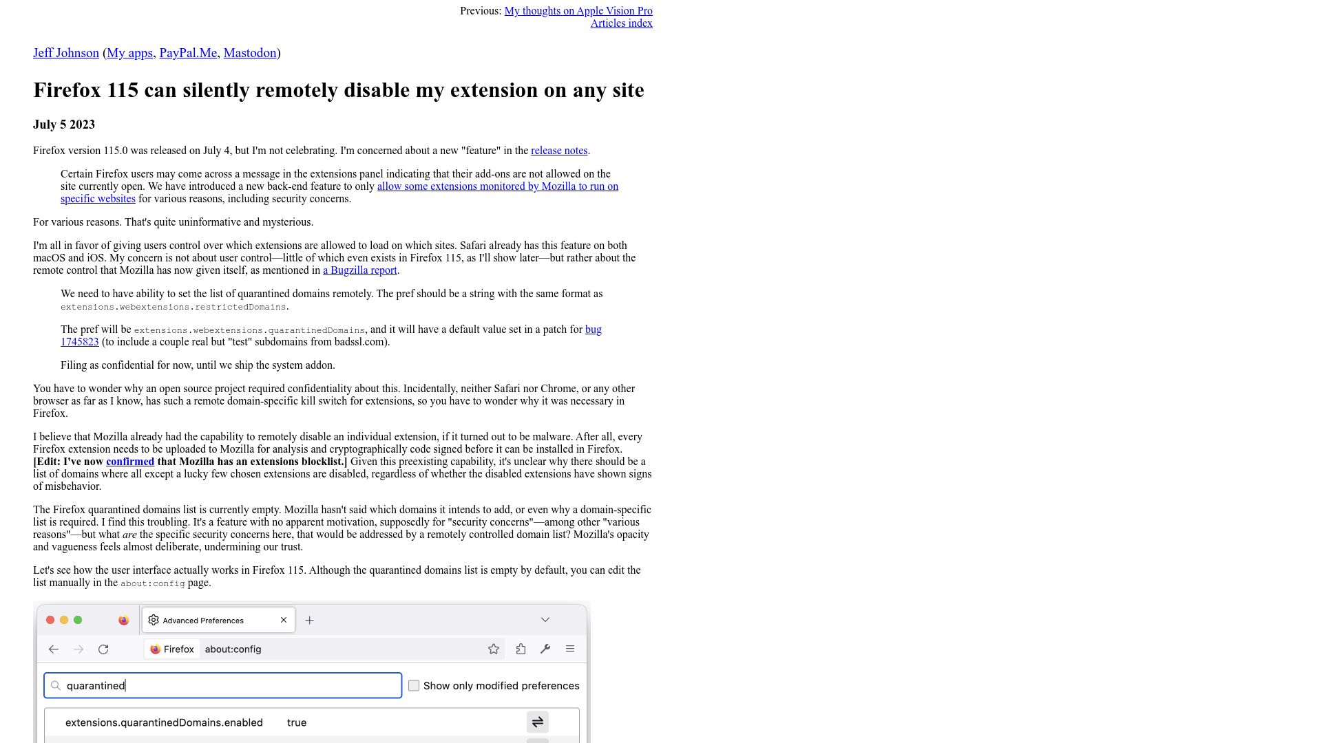 Screenshot of lapcatsoftware.com: Firefox 115 can remotely disable any extension on any site