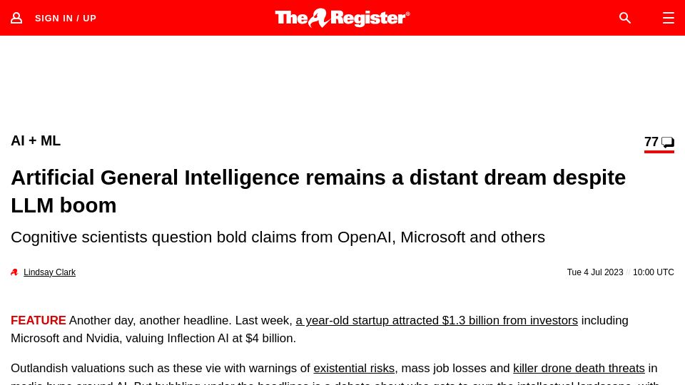 Screenshot of theregister.com: Artificial General Intelligence remains a distant dream despite LLM boom
