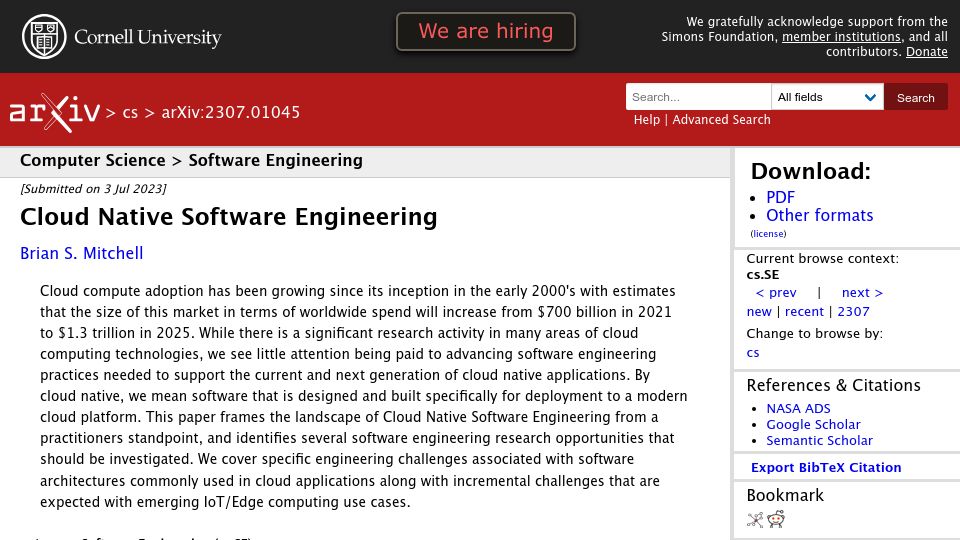 Screenshot of arxiv.org: Cloud Native Software Engineering