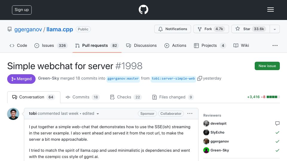 Screenshot of github.com: LLama.cpp now has a web interface