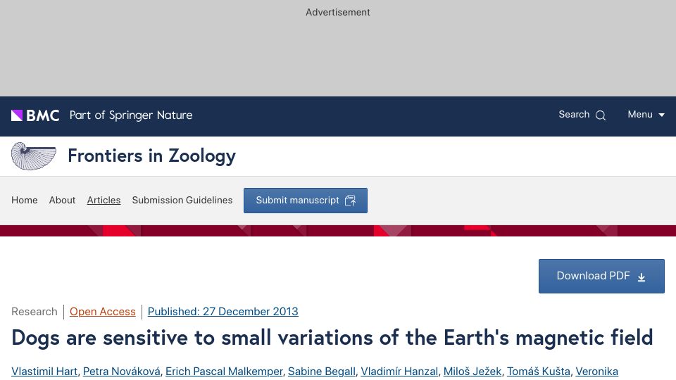 Screenshot of frontiersinzoology.biomedcentral.com: Dogs are sensitive to small variations of the Earth’s magnetic field (2013)