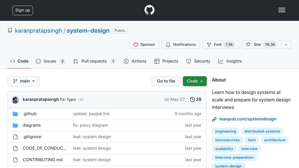 Screenshot of github.com: Learn how to design systems at scale and prepare for system design interviews
