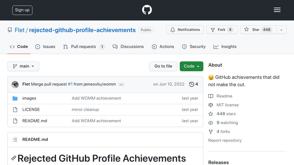 Screenshot of github.com: Rejected GitHub profile achievements